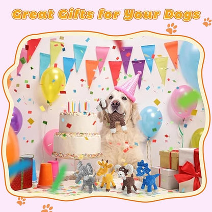 4-Pack Squeaky Dog Toys Durable Ropes Chew Stuffed Animals Toys Interactive Tug of War Plush Dog Toy with Whistle Bundle Pet Toys Set: Giraffe, Dinosaur, Cow and Elephant Dog Toy to Keep Them Busy