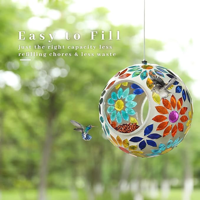 VCUTEKA Bird Feeder Mosaic Fly Through Bird Feeders for Outside Hanging with Round Shape Glass Container to Attract More Wild Birds for Garden, Yard, Backyard, Deck and Porch Decor, 7-Inch