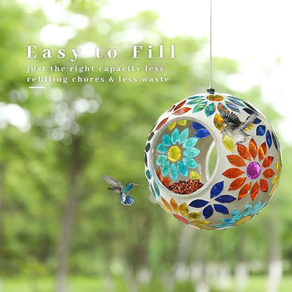 VCUTEKA Bird Feeder Mosaic Fly Through Bird Feeders for Outside Hanging with Round Shape Glass Container to Attract More Wild Birds for Garden, Yard, Backyard, Deck and Porch Decor, 7-Inch