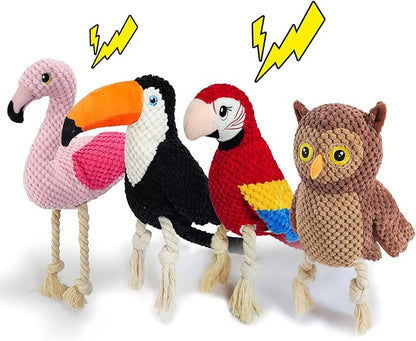 4-Pack Durable Squeaky Dog Toys for Small to Large Dogs Interactive Knot Bird Chew Rope Plush Dog Toys Set Flamingo, Parrot, Toucan, Owl for Teething, Anxiety Relief Perfect for Aggressive Chewers