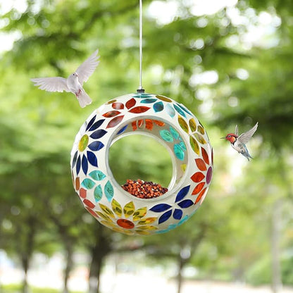 VCUTEKA Bird Feeder Mosaic Fly Through Bird Feeders for Outside Hanging with Round Shape Glass Container to Attract More Wild Birds for Garden, Yard, Backyard, Deck and Porch Decor, 7-Inch