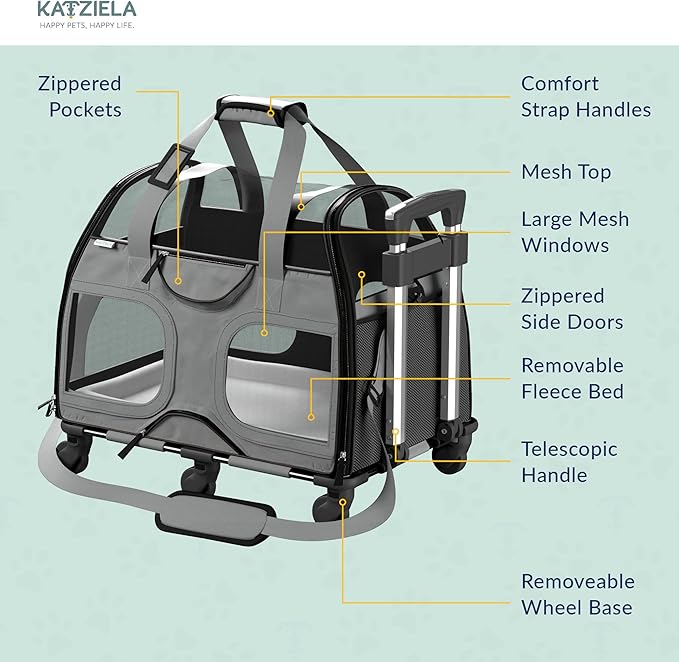 Katziela Rolling Pet Carrier for Small Dogs & Cats – Airline Compliant Soft-Sided Travel Bag with Removable Wheels, Telescopic Handle & Mesh Top (Gray/Black)