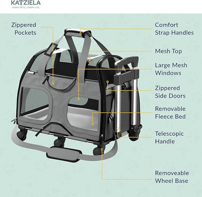 Katziela Rolling Pet Carrier for Small Dogs & Cats – Airline Compliant Soft-Sided Travel Bag with Removable Wheels, Telescopic Handle & Mesh Top (Gray/Black)