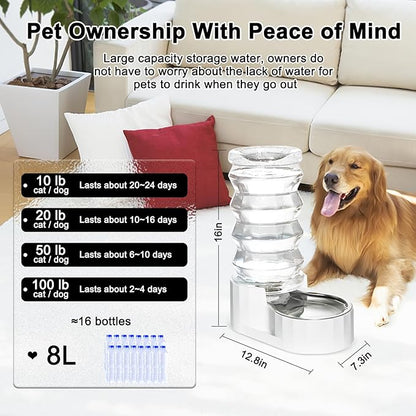 RIZZARI Large Gravity Water Dispenser: 8L Automatic Dog Water Feeder with Stainless Steel Bowl for Multiple Pets