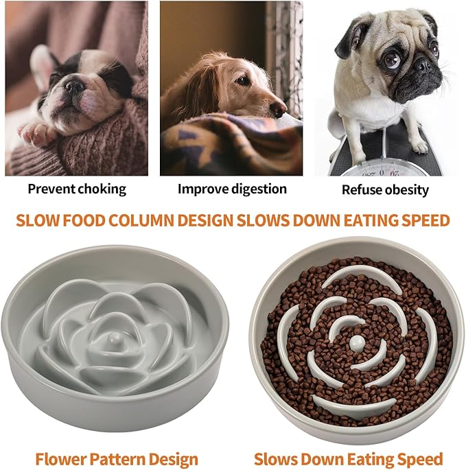 8.26 in Grey Dog Bowl Slow Feeder Ceramic for Medium and Large Breed,Slow Feeding Dog Food Water Dish Heavy Weighted,Puppy Dish for Fast Eaters,Puzzle Eating Bowl Modern Maze