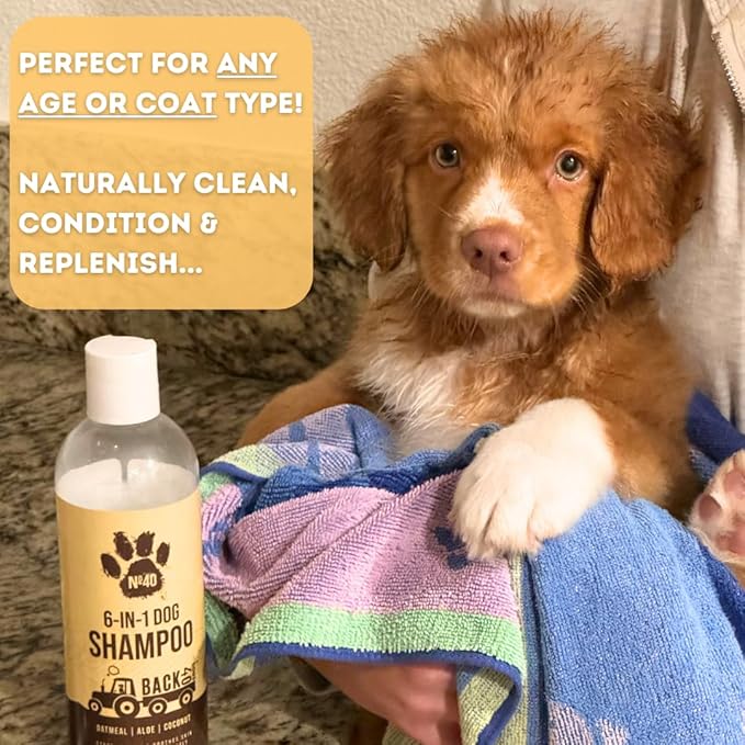 Back 40 Dogs Natural Pet Shampoo - No. 40 Premium 6 in 1 Oatmeal Shampoo for Dogs - Moisturize, Deodorize & Soothe Sensitive Skin - Coconut, Aloe & Almond Oil Dog Wash & Pet Care