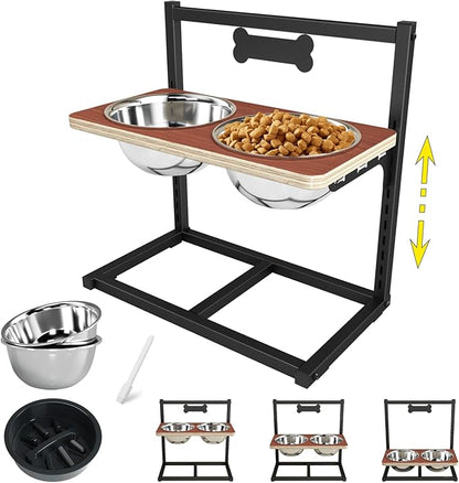 Elevated Dog Bowls with Slow Feeder - 9 Heights Adjustable Raised Dog Bowl Stand with Two 1.7L Stainless Steel Pet Food Bowls & Slow Feeder, Perfect for Medium Large Sized Dogs and Cats