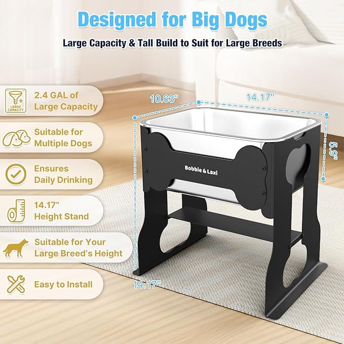 2.4 Gallon Elevated Large Dog Water Bowl,14" Raised Stainless Steel Bowl with Stand for Large Breed, Full Metal Dog Feeding Station for Relief Joint Pressure, Easy Clean for Indoor & Outdoor Uses