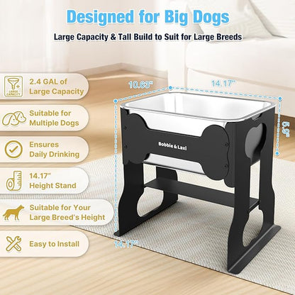 2.4 Gallon Elevated Large Dog Water Bowl,14" Raised Stainless Steel Bowl with Stand for Large Breed, Full Metal Dog Feeding Station for Relief Joint Pressure, Easy Clean for Indoor & Outdoor Uses