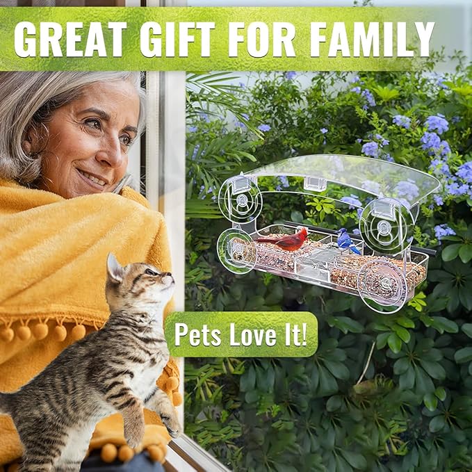 Window Bird Feeder with Strong Suction Cup for Outdoors, Close-up Bird Watching Gift for Bird Lovers Cats, Suitable for Cardinals, Finches, Orioles, Bluebirds, etc.