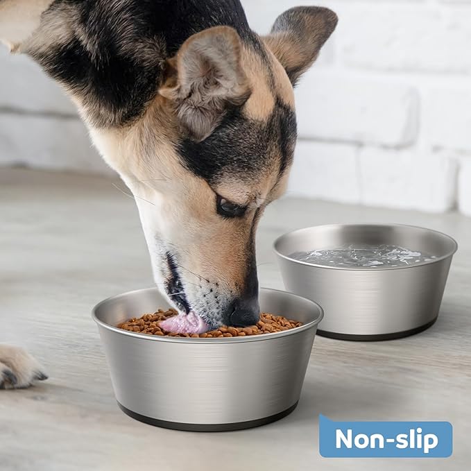 304 Stainless Steel Dog Bowls Set of 2, Anti Rust Metal & Non Slip Rubber Base, Heavy Duty Large Feeding Dishes, Food Grade BPA Free, Food and Water Bowl for Large Dogs (64oz, 8cup)