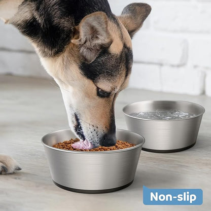 304 Stainless Steel Dog Bowls Set of 2, Anti Rust Metal & Non Slip Rubber Base, Heavy Duty Large Feeding Dishes, Food Grade BPA Free, Food and Water Bowl for Large Dogs (64oz, 8cup)