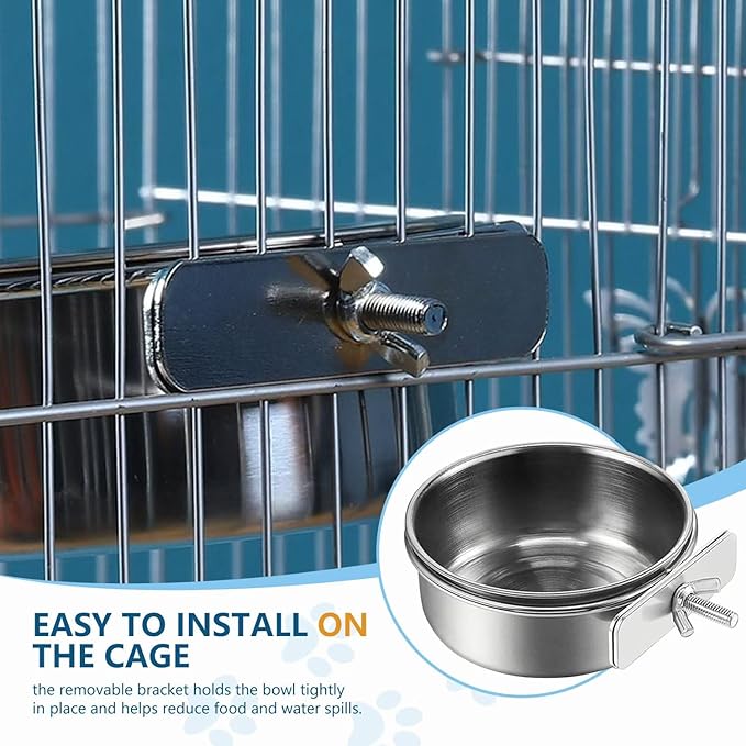 2Pcs Stainless Steel Bird Feeding Bowls, Small Bird Feeding Cup, Stainless Steel Parrot Food Bowl Cage with Holder, Parrot Cage Water Feeder, Pet Cage Cup Holder