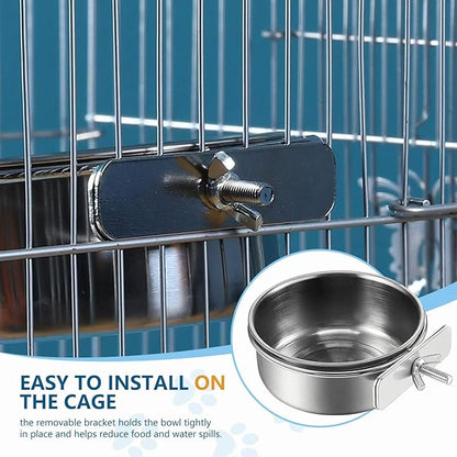 2Pcs Stainless Steel Bird Feeding Bowls, Small Bird Feeding Cup, Stainless Steel Parrot Food Bowl Cage with Holder, Parrot Cage Water Feeder, Pet Cage Cup Holder