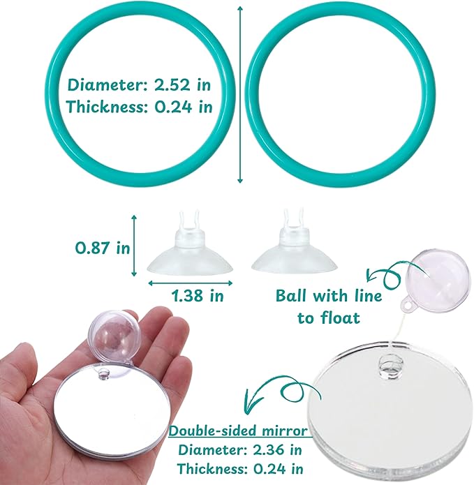 2 pcs Betta Ring Enrichment Toys with 1 pcs Betta Mirror, Exercise Training Ring and Floating Mirror for Fish Tank, Aquarium Feeding Rings with Floating Mirrors, Fish Toys, Bettas Toy (Teal, M-70mm)