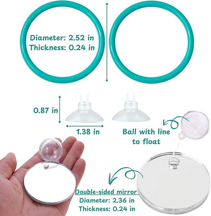 2 pcs Betta Ring Enrichment Toys with 1 pcs Betta Mirror, Exercise Training Ring and Floating Mirror for Fish Tank, Aquarium Feeding Rings with Floating Mirrors, Fish Toys, Bettas Toy (Teal, M-70mm)