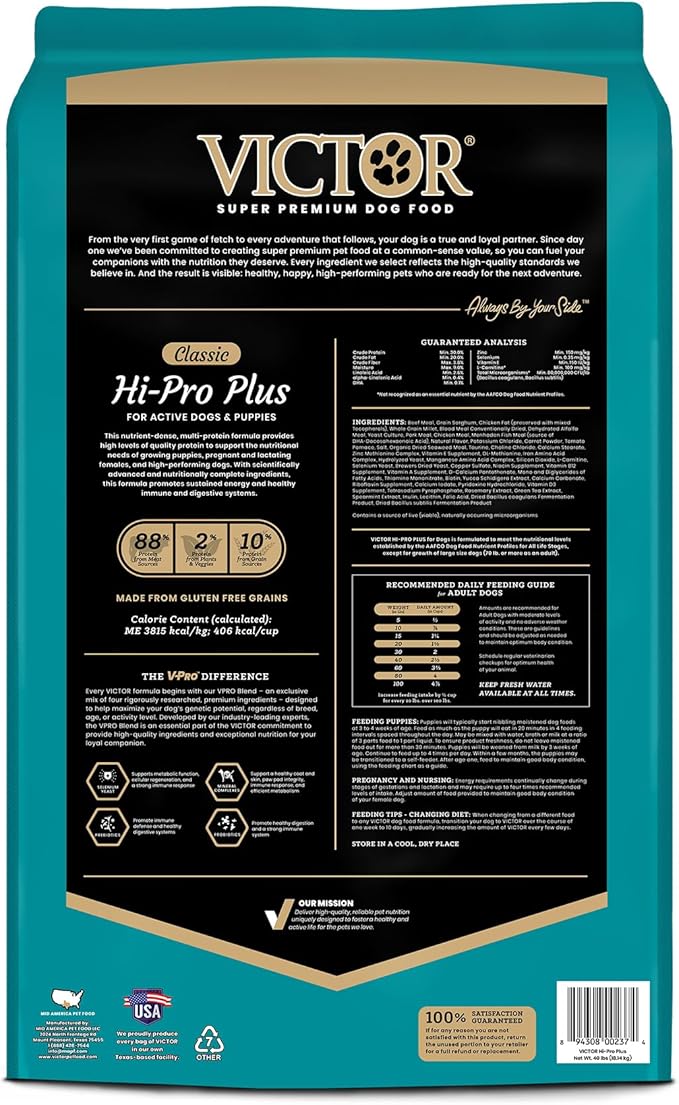 VICTOR Super Premium Dog Food – Hi-Pro Plus Dry Kibble – High Protein Dog Food with 30% Protein – Beef, Chicken, Pork, Fish Meals, Gluten Free - for High Energy and Active Dogs & Puppies, 40lbs