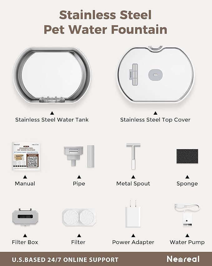 Cat Water Fountain Stainless Steel - Pet Drinking Fountain for Cats Indoor - 2.2L/74oz Automatic Water Dispenser with Watering Level Window (1 Filter)