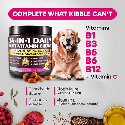 24-in-1 Complete Multivitamin Treats for Dogs - PhD Endorsed 8 Vitamins, Biotin, Probiotics, Glucosamine - Daily Wellness, Immunity, Skin & Coat, Mobility 140 Treats - Bacon Flavor - Made in USA