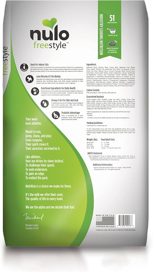 Nulo Freestyle High Protein Indoor Cat Food, Duck & Lentils Recipe - Natural Grain-Free Dry Indoor Cat Food with Omega Fatty Acids, & Probiotics, 2 lb Bag