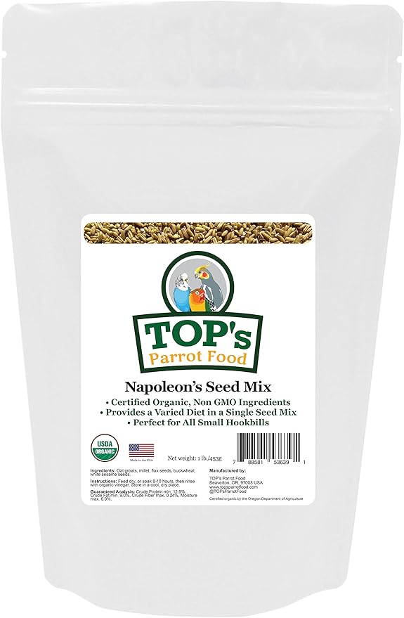 TOP's Napoleon's Seed Mix for All Small Hookbills, Non-GMO, Soy Free, Corn Free, USDA Organic Certified, 1 lb