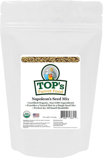 TOP's Napoleon's Seed Mix for All Small Hookbills, Non-GMO, Soy Free, Corn Free, USDA Organic Certified, 1 lb