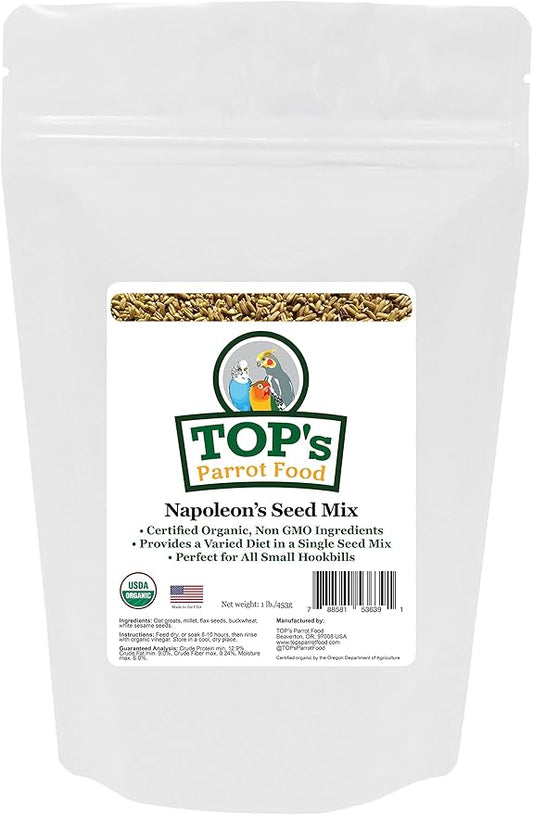 TOP's Napoleon's Seed Mix for All Small Hookbills, Non-GMO, Soy Free, Corn Free, USDA Organic Certified, 1 lb