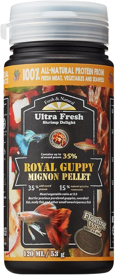 Ultra Fresh Royal Guppy Mignon Pellet, All Natural Guppy Food, Sword Prawns, Spirulina, Highly Nutritious, for Cleaner Water and More Vibrant Color 1.87 oz
