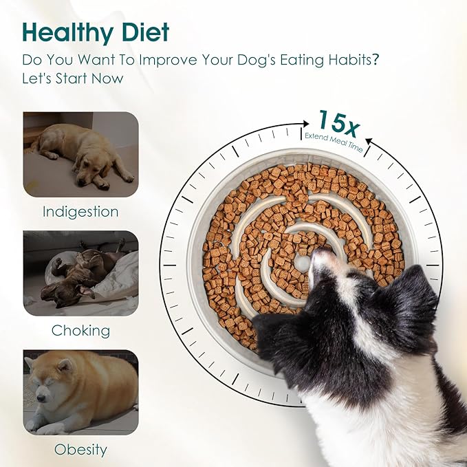 vancasso Slow Feeder Dog Bowl, 3 Cups Ceramic Slow Feeder for Large Breed, Puzzle Maze Dog Food Bowl for Fast Eater, Light Gray