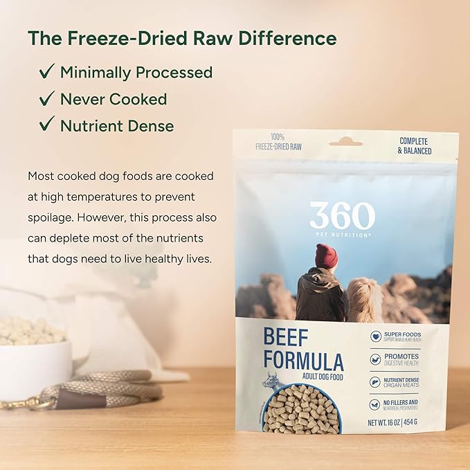 360 Pet Nutrition Freeze-Dried Raw Dog Food – Beef Recipe with Liver & Organs, High Protein with Omega-3s, Fruits, Veggies & Superfoods, Grain-Free, No Fillers, 1 lb – Made in USA