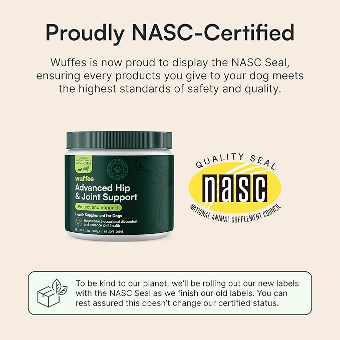 Wuffes Advanced Dog Hip and Joint Supplement with Glucosamine, Chondroitin, Omega 3, MSM, and Green Lipped Mussel, 60 Pork Flavored Chews for Small and Medium Dog Breeds