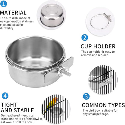 2pcs VVNIAA Stainless Steel Bird Bowls with Clamp, Durable Water Bowl, Feeding Cups, Chinchilla Food Bowl, Bird Dishes for Cage, Bird Cage Feeders and Waterers