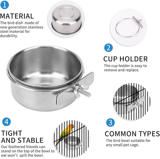 2pcs VVNIAA Stainless Steel Bird Bowls with Clamp, Durable Water Bowl, Feeding Cups, Chinchilla Food Bowl, Bird Dishes for Cage, Bird Cage Feeders and Waterers