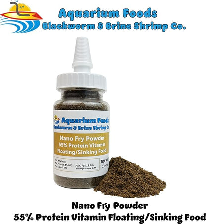 Aquatic Foods Inc. Nano Fry Powder, 55% Protein Vitamin Rich Floating/Slow Sinking Powdered Fry Growth Food for All Tropical Fish, Baby Cichlids, Bettas, Tetras, Guppies...2.4oz Squeeze Bottle