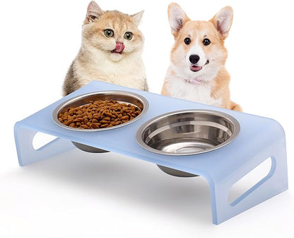 Tilted Raised Elevated Food and Water Bowls Stand for Cat or Small Dogs - Puppy's Clear Acrylic Stainless Steel Dishes Holder for Boy or Girl Pet,Modern,Durable and Easy to Clean by WBhonghui (Blue)