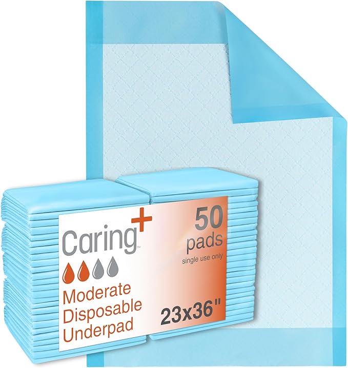 Caring Disposable Underpads, Pet Pee Pads for Potty Training, Moderate Absorbency, 23 x 36 in, 50-Pack