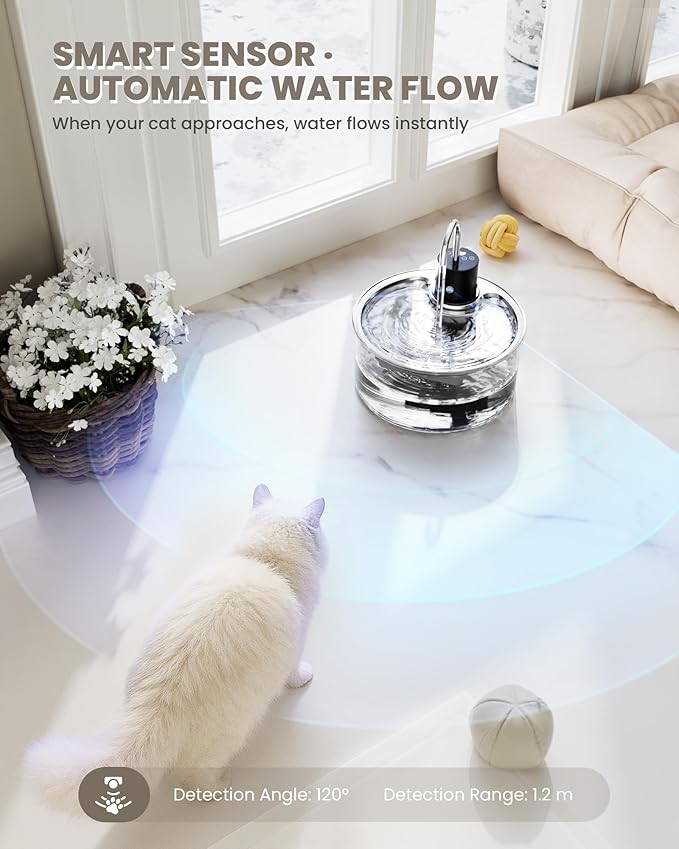 Wireless Cat Water Fountain Glass - 108oz/3.2L Automatic Ultra-Quiet Cat Water Fountain Cordless, Glass Battery Operated Pet Fountain Rechargeable Water Dispenser for Cats, Puppy, Multiple Pets
