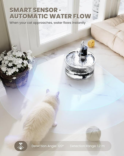 Wireless Cat Water Fountain Glass - 108oz/3.2L Automatic Ultra-Quiet Cat Water Fountain Cordless, Glass Battery Operated Pet Fountain Rechargeable Water Dispenser for Cats, Puppy, Multiple Pets