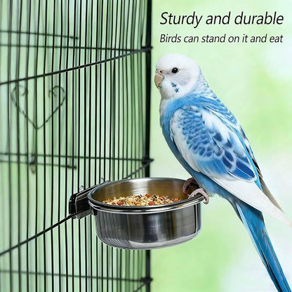 2 Pcs Stainless Steel Bird Food Water Bowls, Parrot Feeding Dish Cups with Clamp Holder Bird Ball Toys for Chinchilla, Cockatiel, Conure, Budgies, Parakeet, Lovebird, Small Animals (Small+Medium)