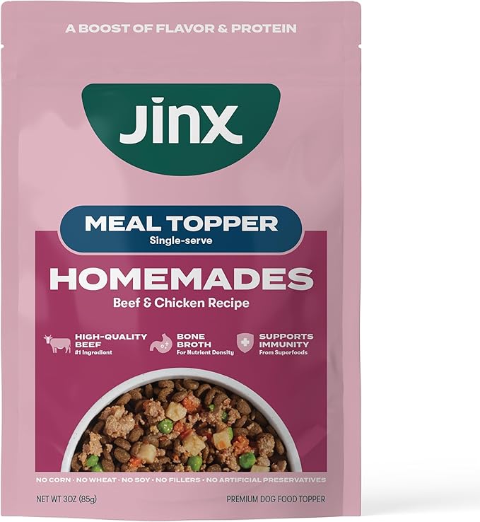 Jinx Beef Grain Free Wet Dog Food Pouches, Meal or Dog Food Topper Mix-in, Made with Real Beef & Chicken, Bone Broth & Brown Rice, No Fillers, Puppy, Adult, Senior, 3oz, 8 Pack