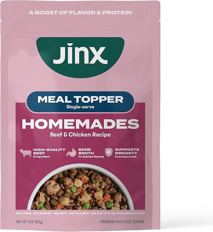 Jinx Beef Grain Free Wet Dog Food Pouches, Meal or Dog Food Topper Mix-in, Made with Real Beef & Chicken, Bone Broth & Brown Rice, No Fillers, Puppy, Adult, Senior, 3oz, 8 Pack