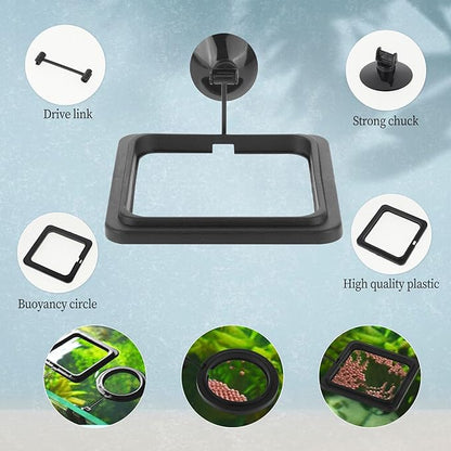 2 PCS Fish Feeding Rings,Black Fish Feeder Round and Square Aquarium Floating Food Feeder Circle with Suction Cup Prevent Water Turbulence from Washing Food into Filter for Guppy, Goldfish and Other