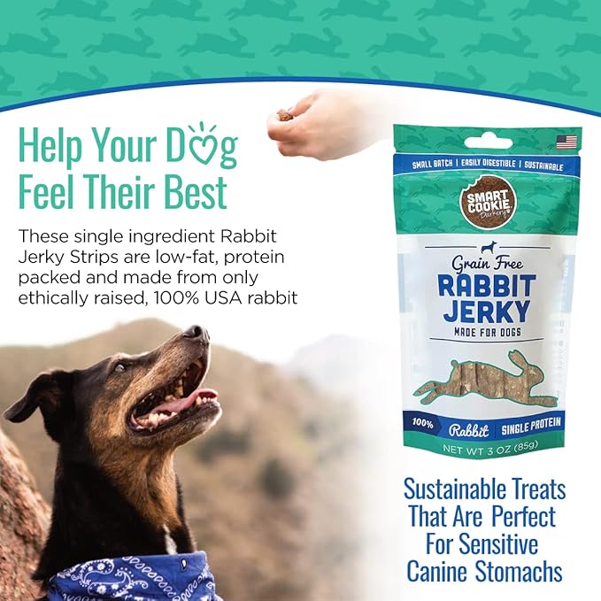 Smart Cookie Single Ingredient Rabbit Jerky Dog Treats - Training Treat Strips for Dogs and Puppies with Allergies, Sensitive Stomachs - Dehydrated, 100% Meat, Grain Free, Made in USA - 3oz, Pack of 3