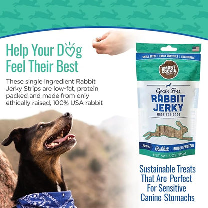 Smart Cookie Single Ingredient Rabbit Jerky Dog Treats - Training Treat Strips for Dogs and Puppies with Allergies, Sensitive Stomachs - Dehydrated, 100% Meat, Grain Free, Made in USA - 3oz, Pack of 3