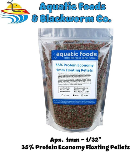 Aquatic Foods Inc. 1mm - 1/32, 35% Protein Economy Floating Pellets for All Community Fish, Tetras, Guppies, Angel Fish, Cichlids, Goldfish. All Tropical Fish - WL…1-lb Foil Pouch Bag