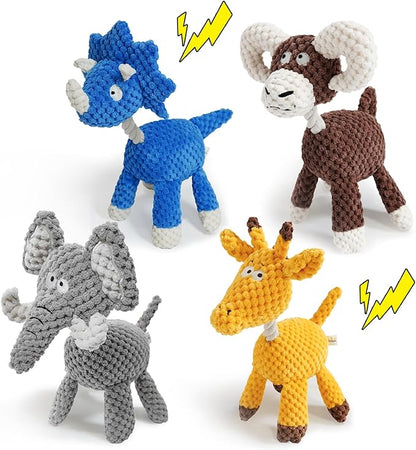 4-Pack Squeaky Dog Toys Durable Ropes Chew Stuffed Animals Toys Interactive Tug of War Plush Dog Toy with Whistle Bundle Pet Toys Set: Giraffe, Dinosaur, Cow and Elephant Dog Toy to Keep Them Busy