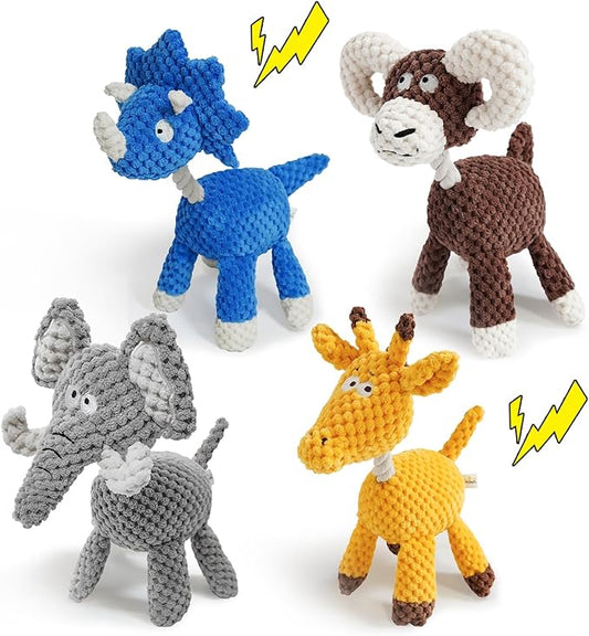 4-Pack Squeaky Dog Toys Durable Ropes Chew Stuffed Animals Toys Interactive Tug of War Plush Dog Toy with Whistle Bundle Pet Toys Set: Giraffe, Dinosaur, Cow and Elephant Dog Toy to Keep Them Busy