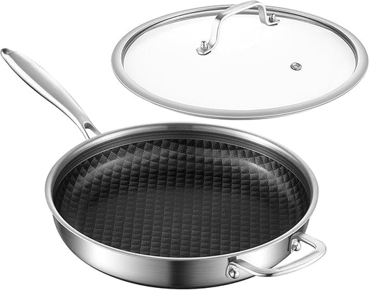 12-Inch Non Stick Frying Pans, Ceramic Coating NonStick Stainless Steel Pan Set, Tri-Ply Skillets and Pan Set with Lid, Cool-Touch Handle, Dishwasher and Oven Safe