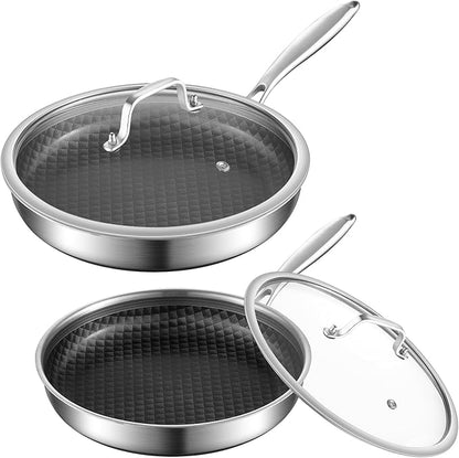 8-10 Inch Non Stick Frying Pans, Ceramic Coating NonStick Stainless Steel Pan Set, Tri-Ply Skillets and Pan Set with Lid, Cool-Touch Handle, Dishwasher and Oven Safe