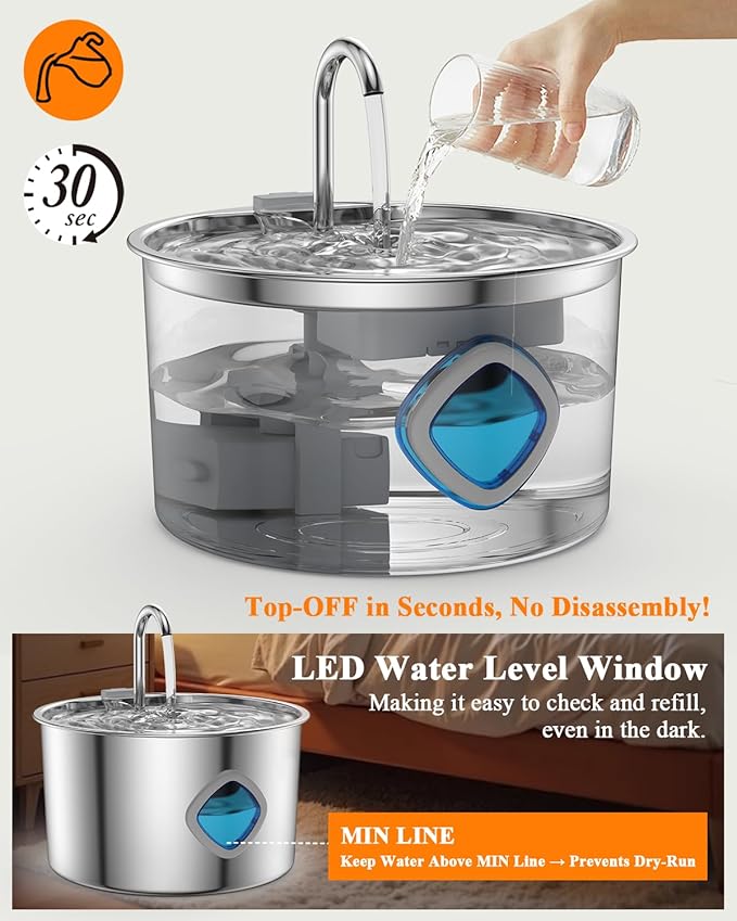 Cat Water Fountain Stainless Steel [3.2L/108oz] Large Capacity Automatic Water Dispenser for Cats Indoor with 3 Filters Kit, LED Water Level Window, Easy to Clean, Ideal for Cats Dogs Multi-Pet Home